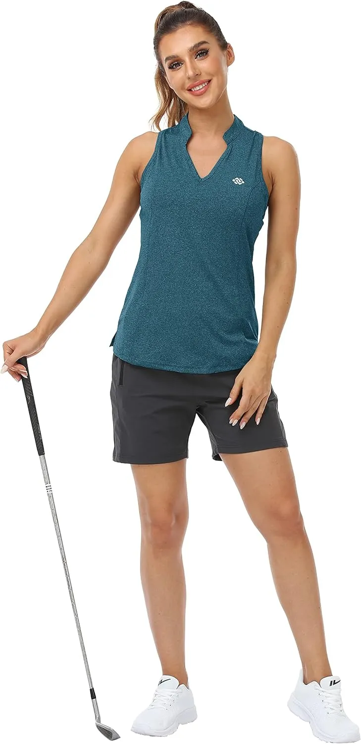 MoFiz Women Racerback Sleeveless Golf Polo Shirts V-Neck Collarless Tennis Running Tank Tops Quick Dry Athletic Casual