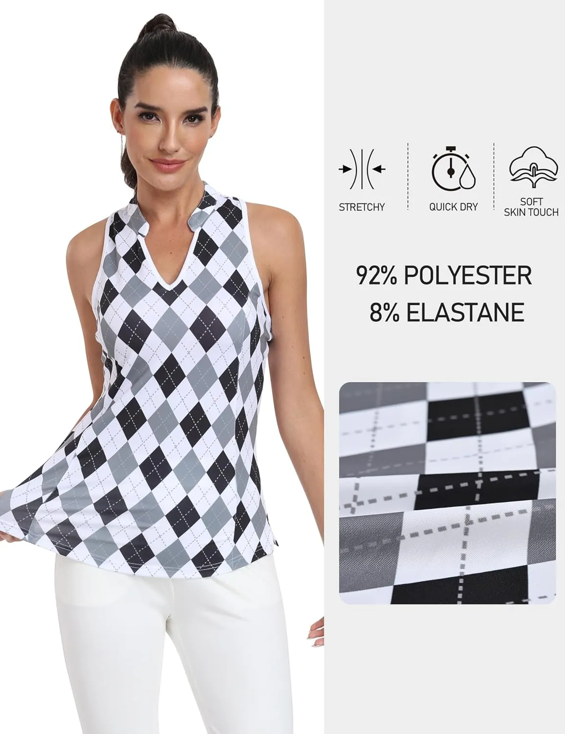 MoFiz Women Racerback Sleeveless Golf Polo Shirts V-Neck Collarless Tennis Running Tank Tops Quick Dry Athletic Casual