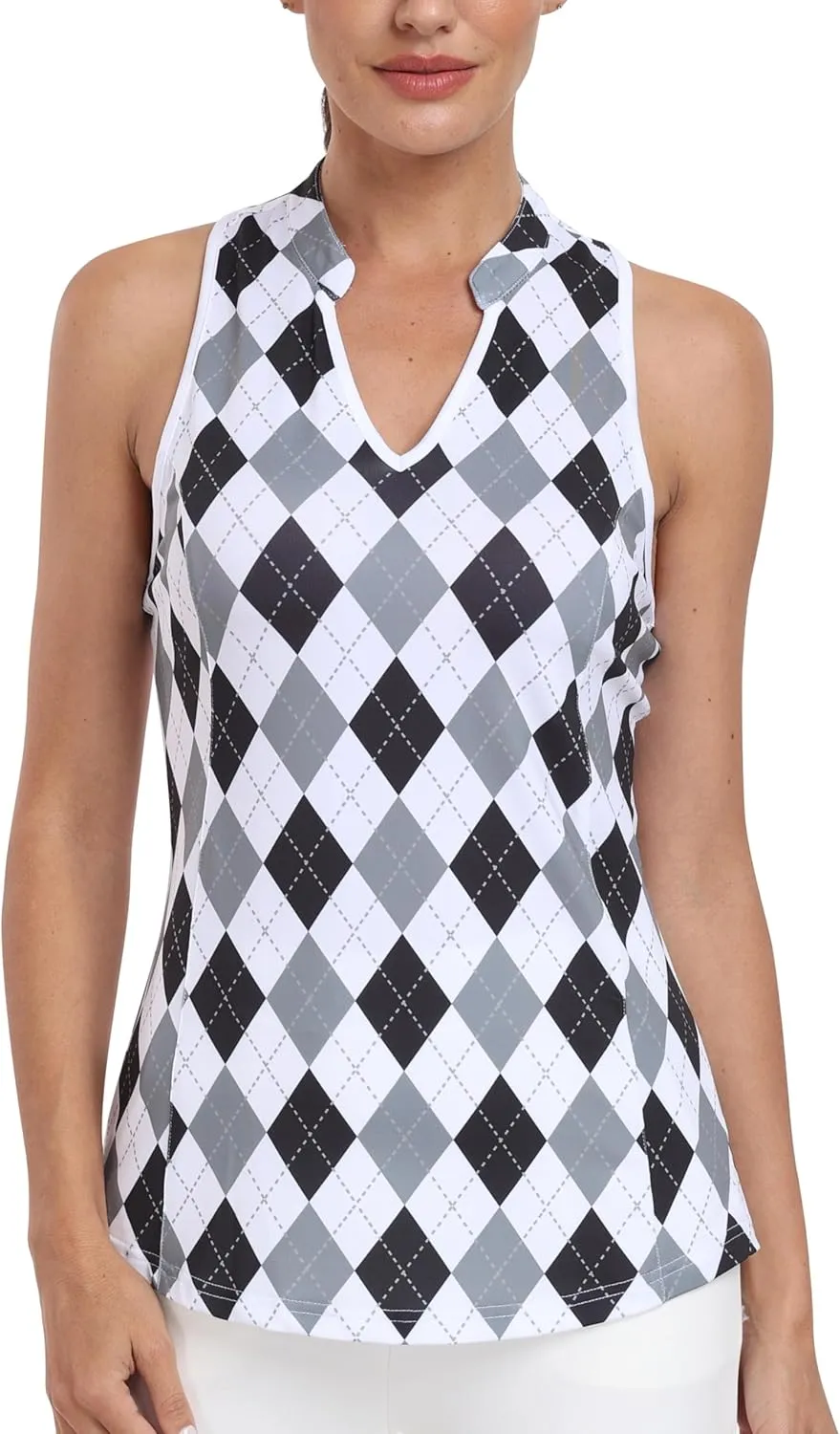 MoFiz Women Racerback Sleeveless Golf Polo Shirts V-Neck Collarless Tennis Running Tank Tops Quick Dry Athletic Casual