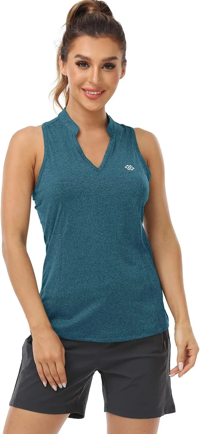 MoFiz Women Racerback Sleeveless Golf Polo Shirts V-Neck Collarless Tennis Running Tank Tops Quick Dry Athletic Casual