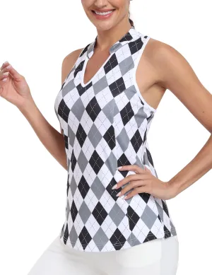 MoFiz Women Racerback Sleeveless Golf Polo Shirts V-Neck Collarless Tennis Running Tank Tops Quick Dry Athletic Casual