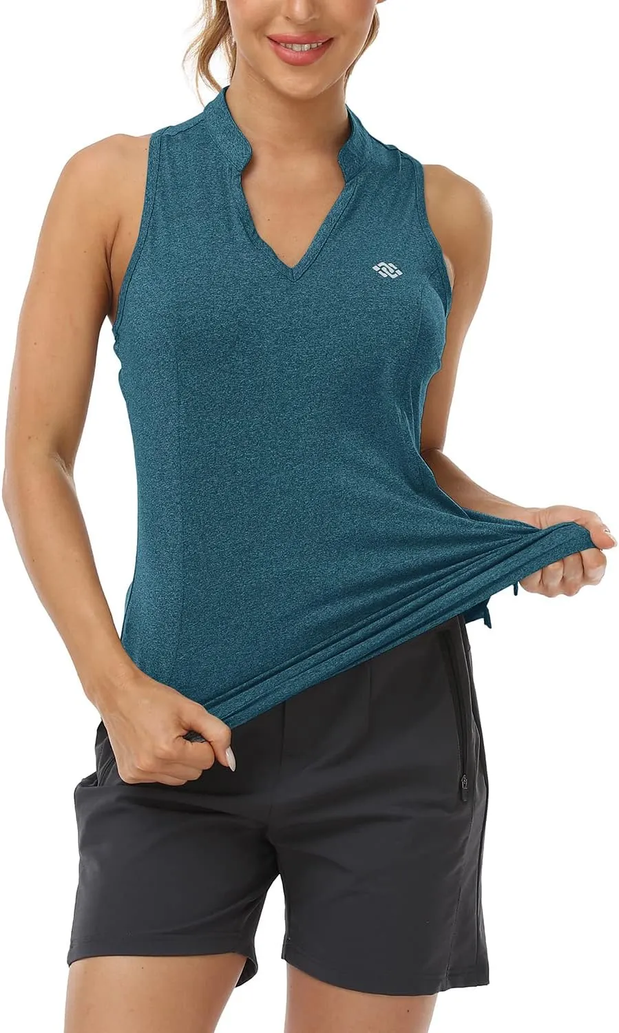 MoFiz Women Racerback Sleeveless Golf Polo Shirts V-Neck Collarless Tennis Running Tank Tops Quick Dry Athletic Casual
