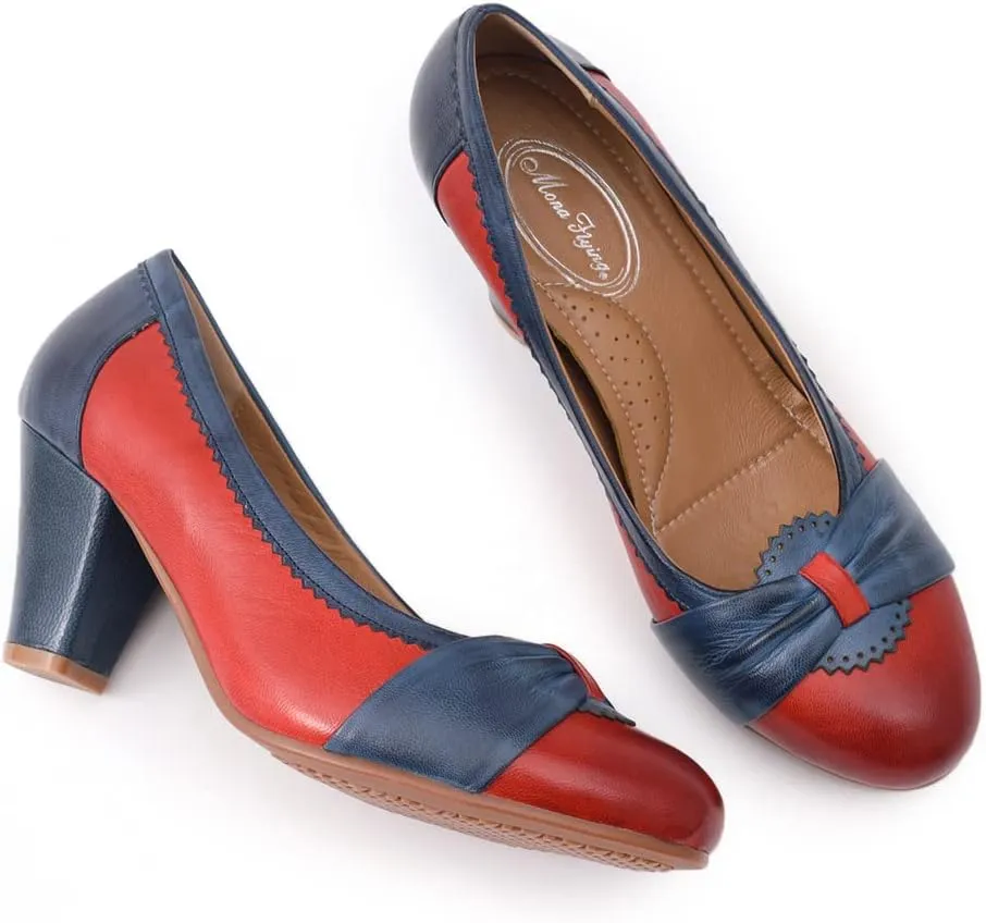 Mona flying Women's Vintage Leather Pump Chunky Heel Round Toe Office Dress Shoes for Ladies