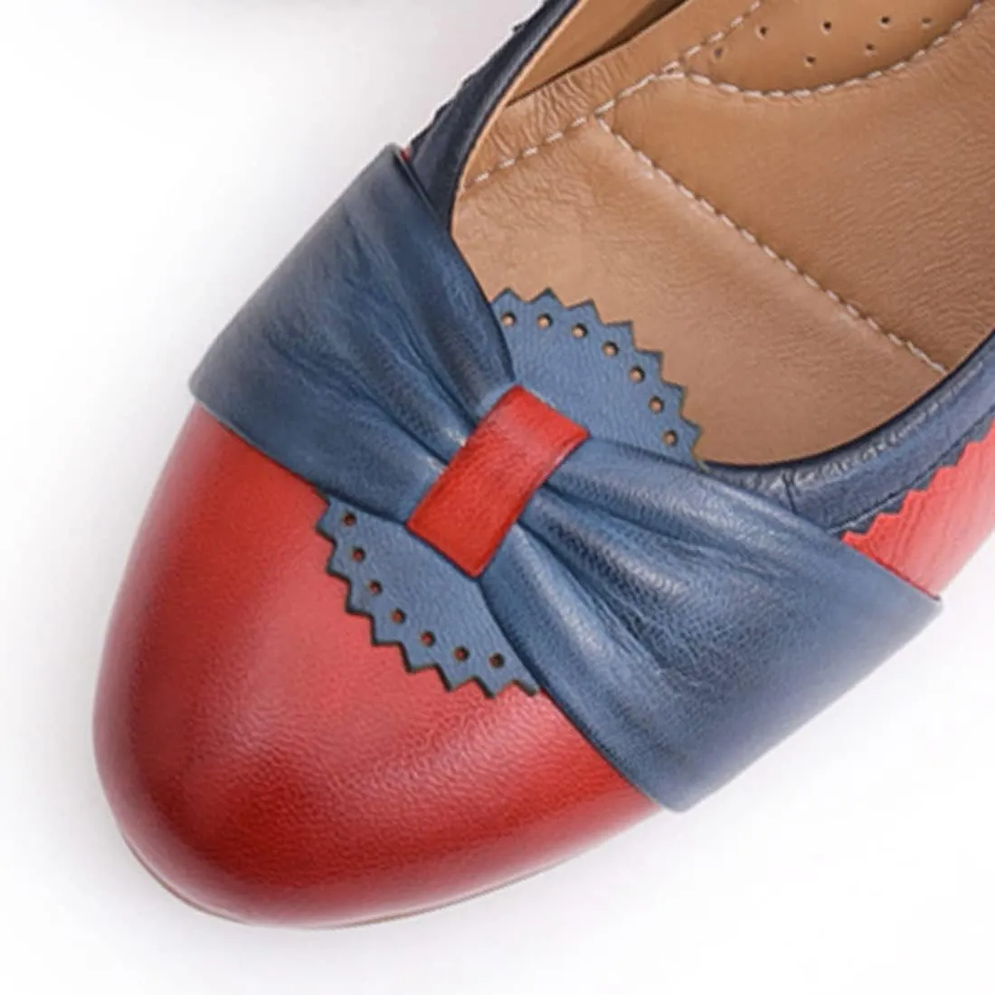 Mona flying Women's Vintage Leather Pump Chunky Heel Round Toe Office Dress Shoes for Ladies