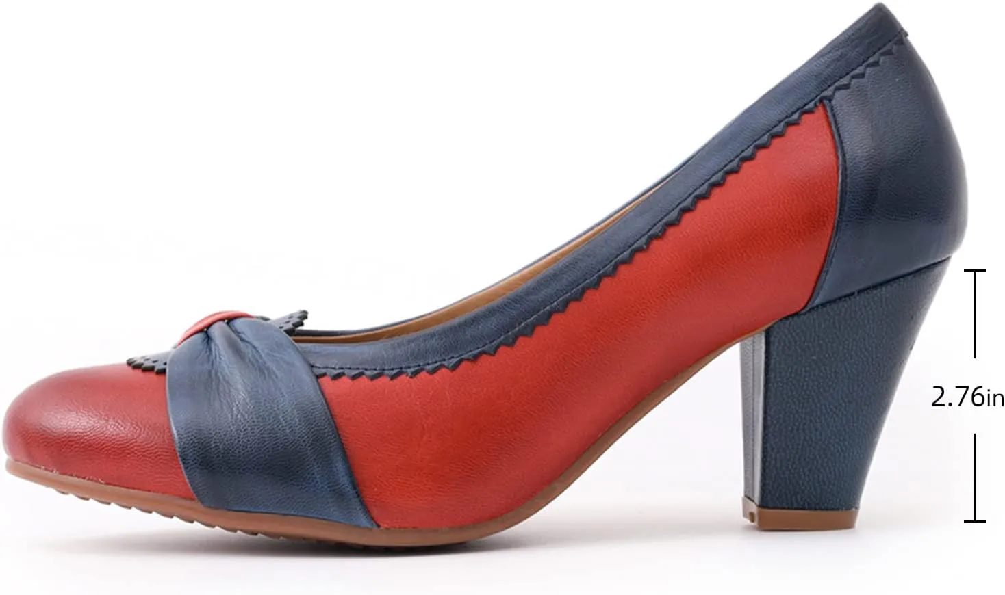 Mona flying Women's Vintage Leather Pump Chunky Heel Round Toe Office Dress Shoes for Ladies