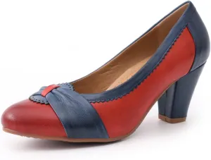Mona flying Women's Vintage Leather Pump Chunky Heel Round Toe Office Dress Shoes for Ladies