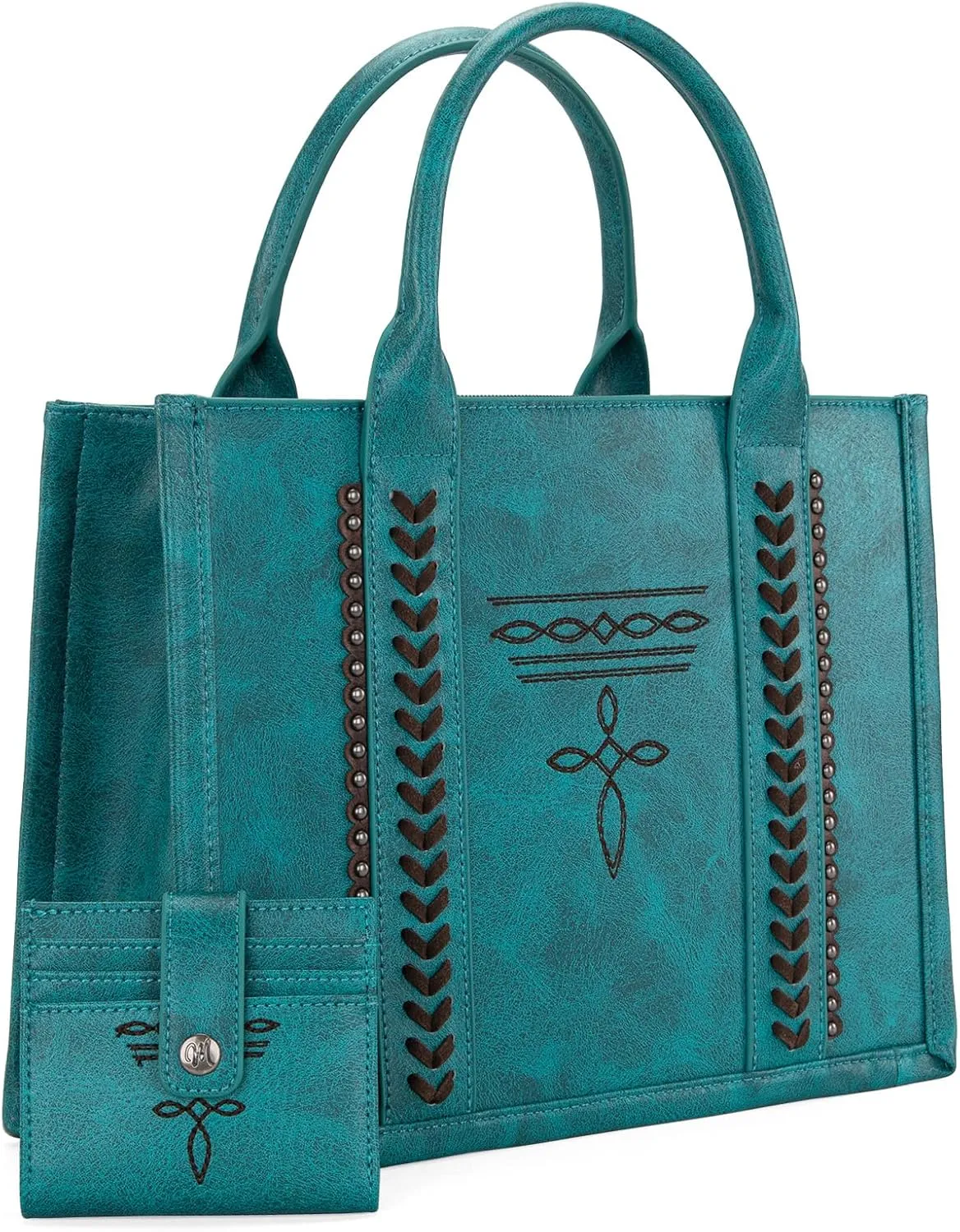 Montana West Longhorn Whipstitch Western Top Handle Tote Bag with Card Wallet Set