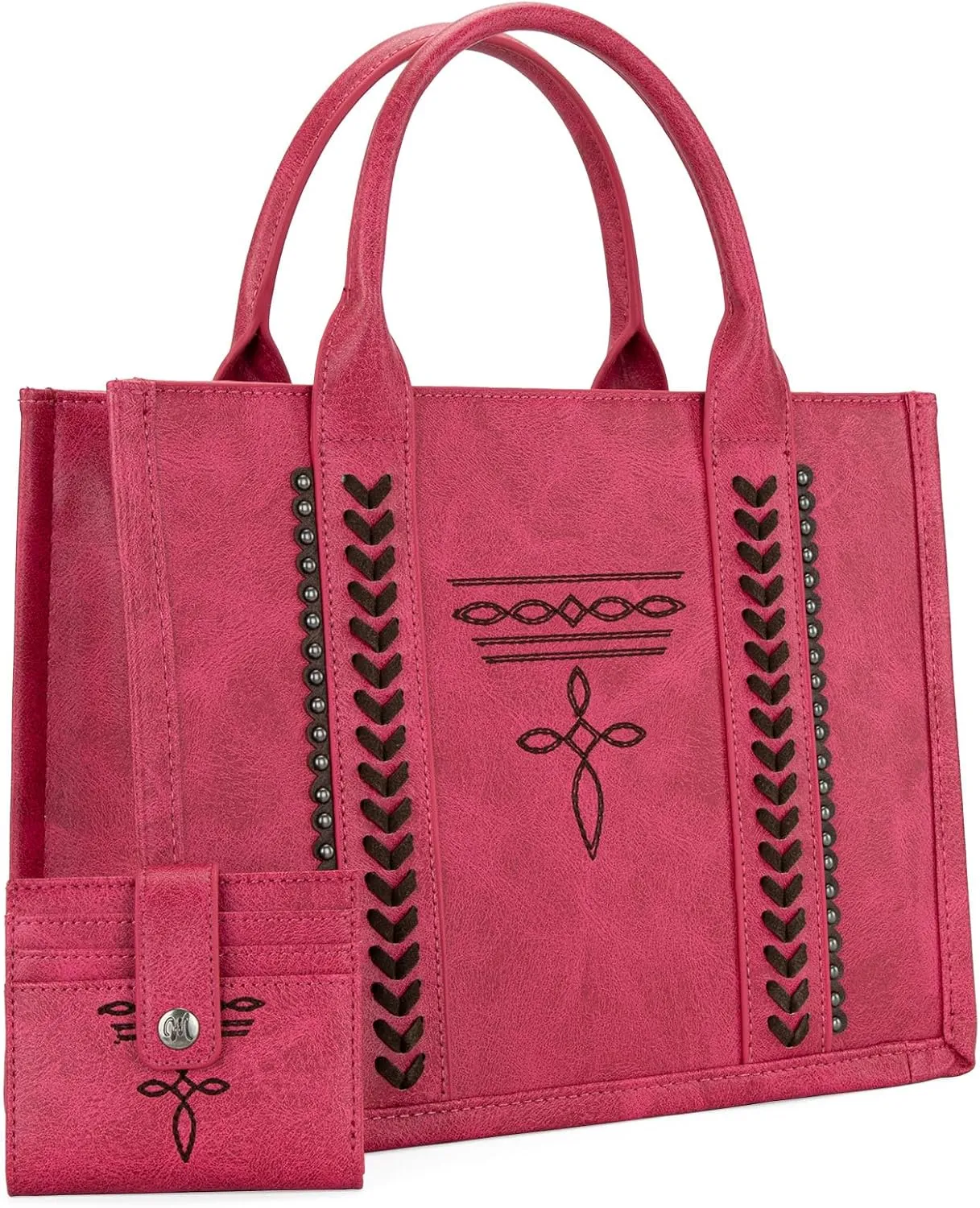 Montana West Longhorn Whipstitch Western Top Handle Tote Bag with Card Wallet Set