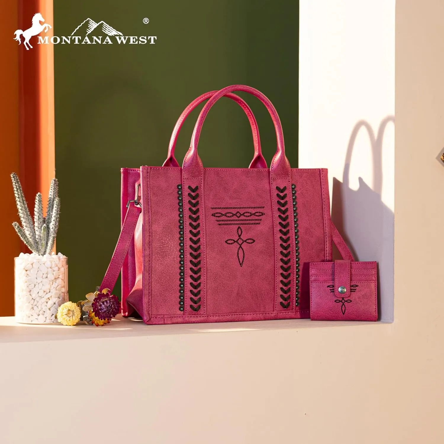 Montana West Longhorn Whipstitch Western Top Handle Tote Bag with Card Wallet Set