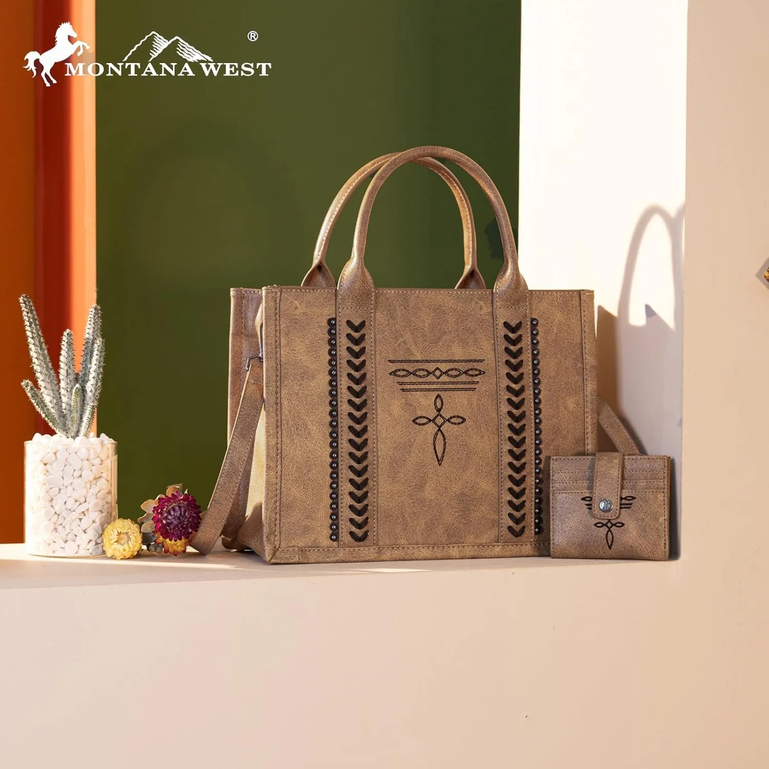 Montana West Longhorn Whipstitch Western Top Handle Tote Bag with Card Wallet Set