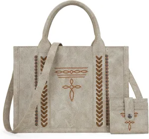 Montana West Longhorn Whipstitch Western Top Handle Tote Bag with Card Wallet Set