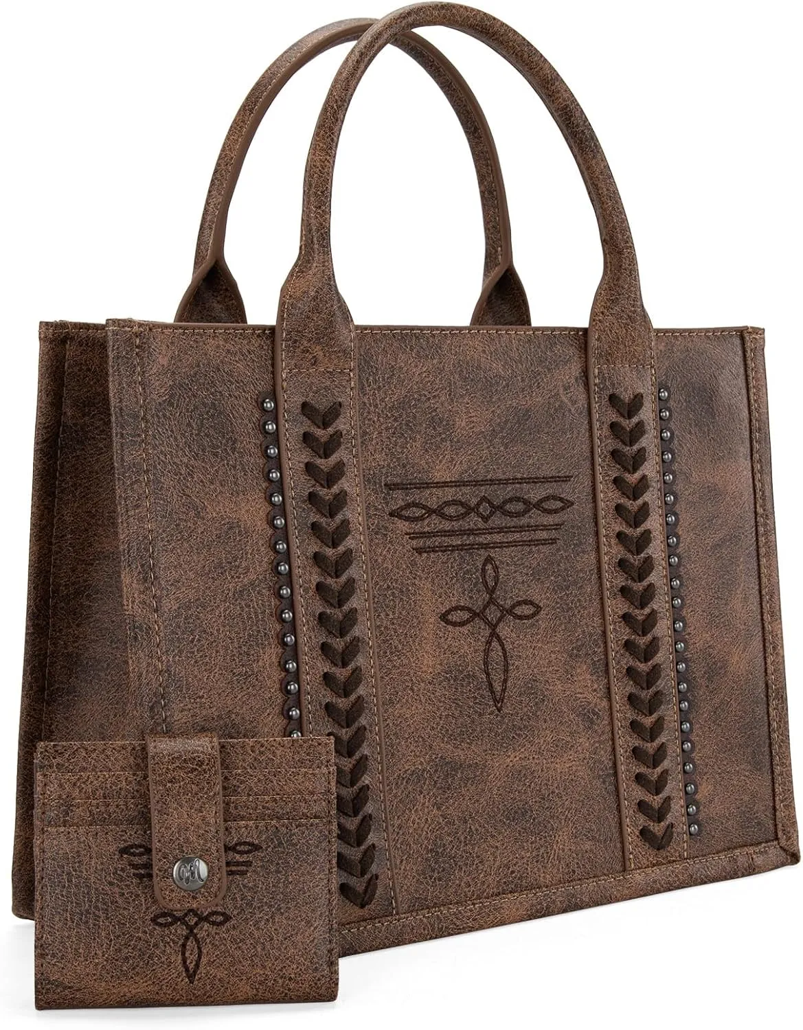 Montana West Longhorn Whipstitch Western Top Handle Tote Bag with Card Wallet Set