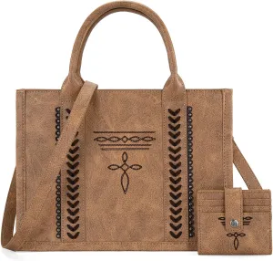 Montana West Longhorn Whipstitch Western Top Handle Tote Bag with Card Wallet Set