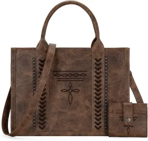 Montana West Longhorn Whipstitch Western Top Handle Tote Bag with Card Wallet Set