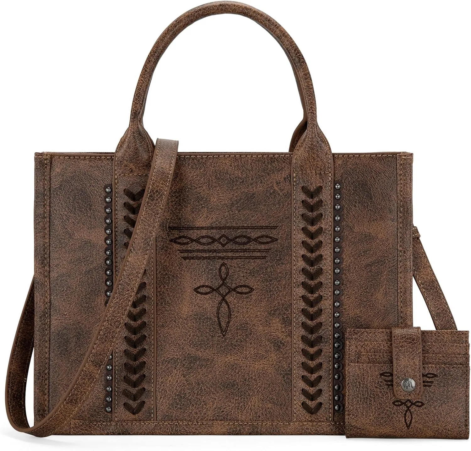 Montana West Longhorn Whipstitch Western Top Handle Tote Bag with Card Wallet Set