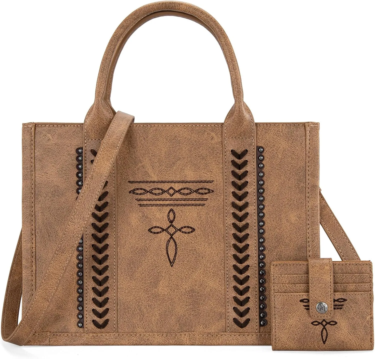 Montana West Longhorn Whipstitch Western Top Handle Tote Bag with Card Wallet Set