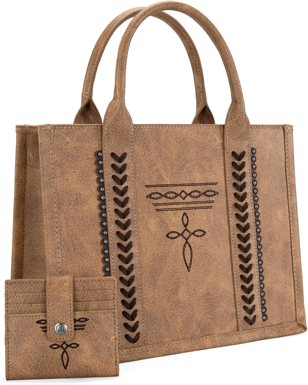 Montana West Longhorn Whipstitch Western Top Handle Tote Bag with Card Wallet Set
