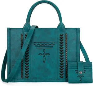 Montana West Longhorn Whipstitch Western Top Handle Tote Bag with Card Wallet Set