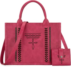 Montana West Longhorn Whipstitch Western Top Handle Tote Bag with Card Wallet Set
