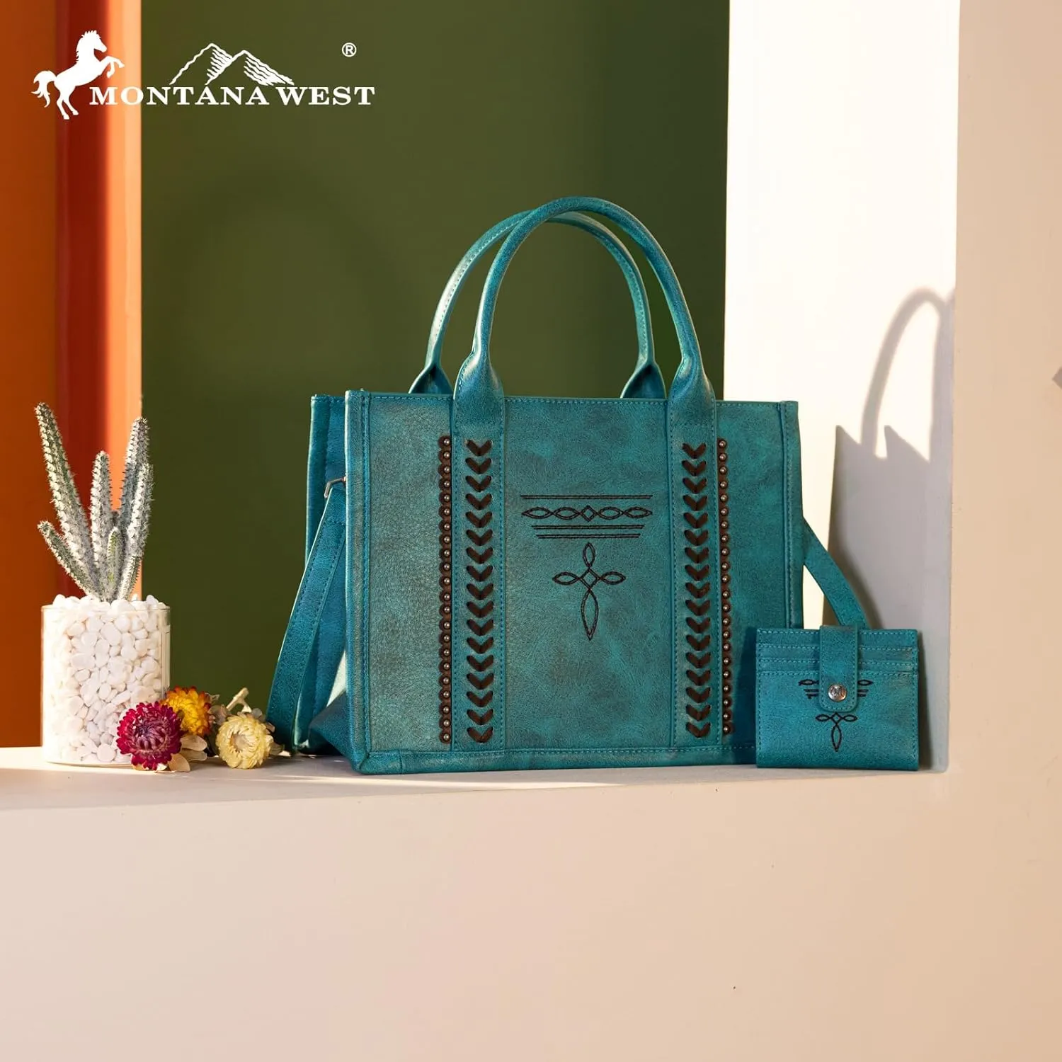 Montana West Longhorn Whipstitch Western Top Handle Tote Bag with Card Wallet Set