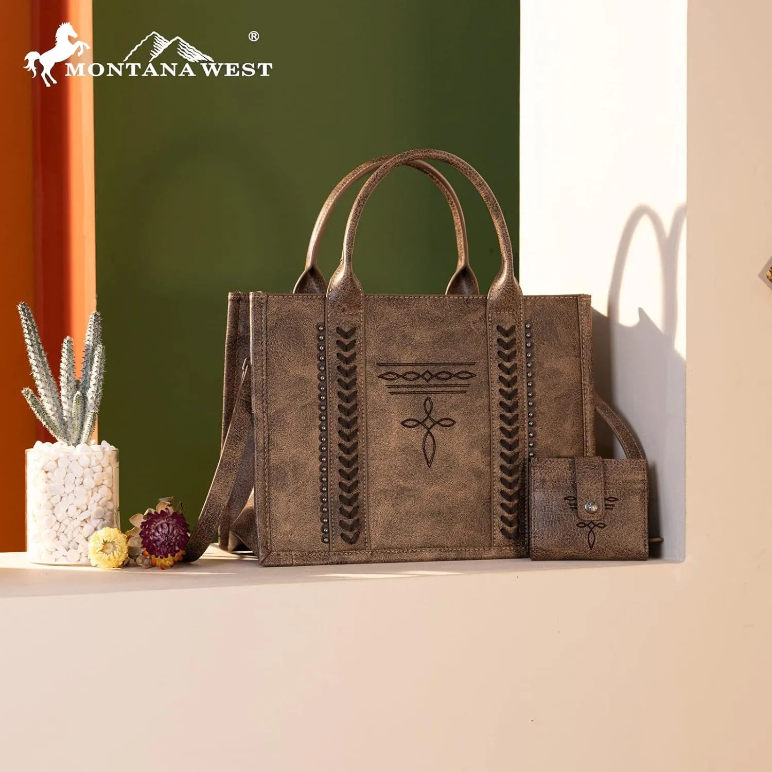 Montana West Longhorn Whipstitch Western Top Handle Tote Bag with Card Wallet Set