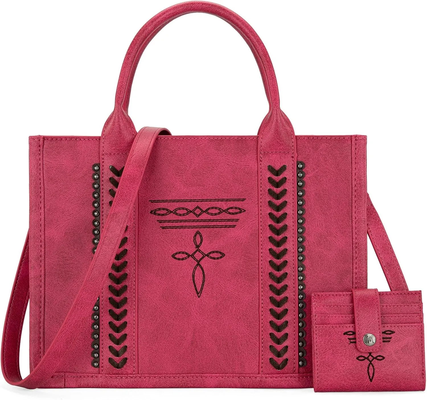 Montana West Longhorn Whipstitch Western Top Handle Tote Bag with Card Wallet Set