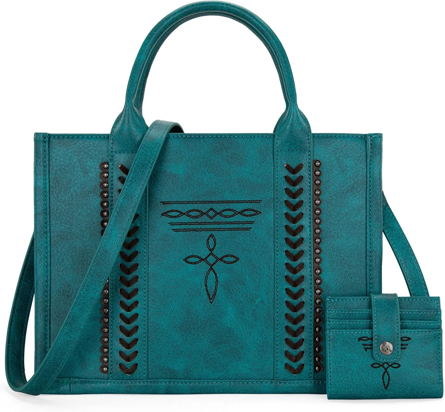 Montana West Longhorn Whipstitch Western Top Handle Tote Bag with Card Wallet Set