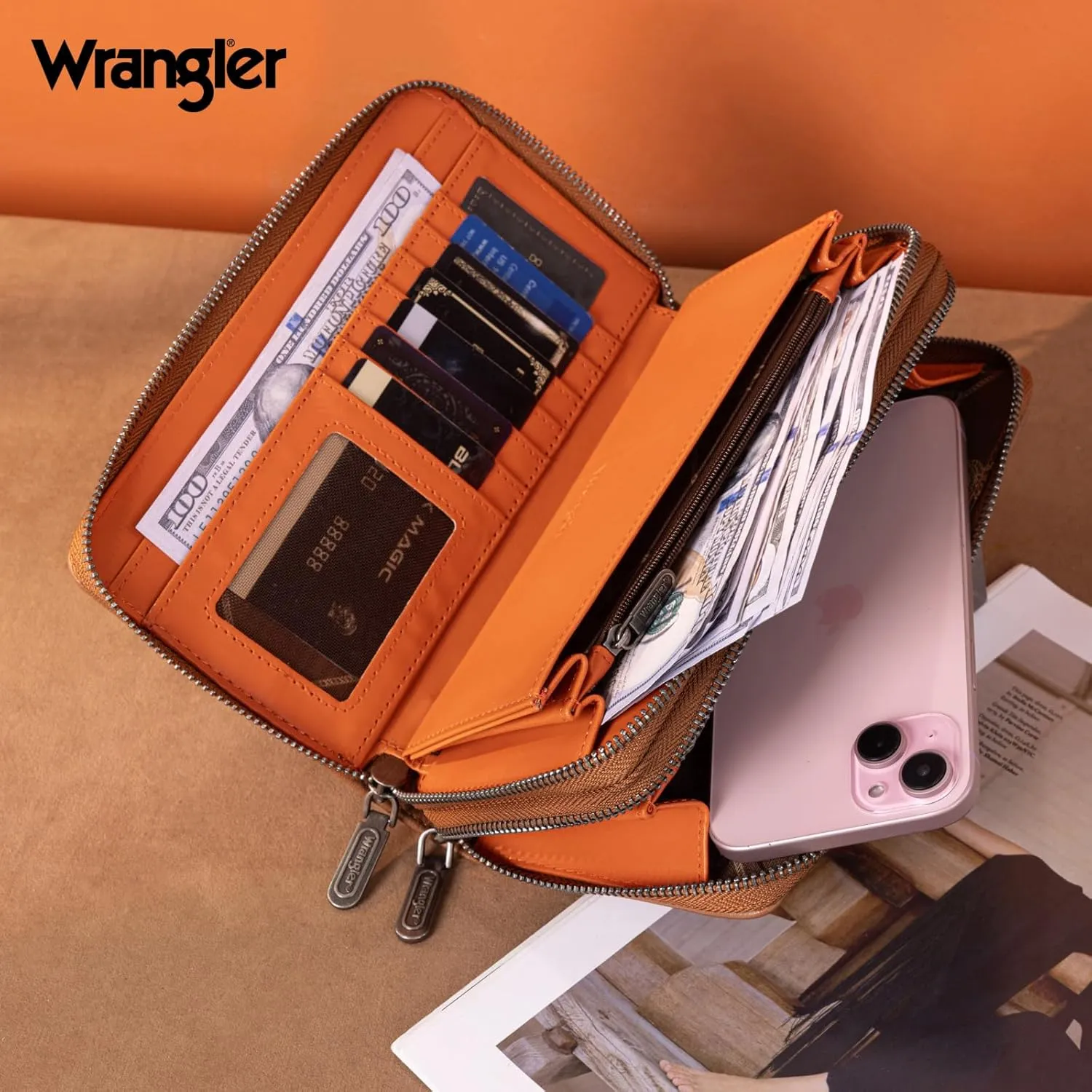 Montana West X Wrangler Large Capacity Women Wristlet Dual Zipper Wallet with Id Window and Smooth Metal Zipper