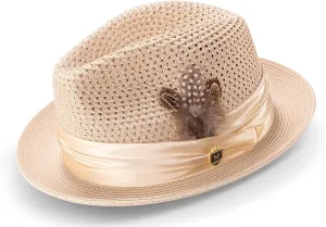 MONTIQUE Men's Braided Pinch Fedora Hat with Feathers – Lightweight & Breathable Polyester Summer Panama Hat – H24