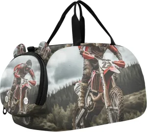 Motocross Race Motorcycle Sports Duffle Bag for Kids Girls Boys, Gym Bag with Shoe Compartments, Kids Travel Overnight Weekender Shoulder Bag