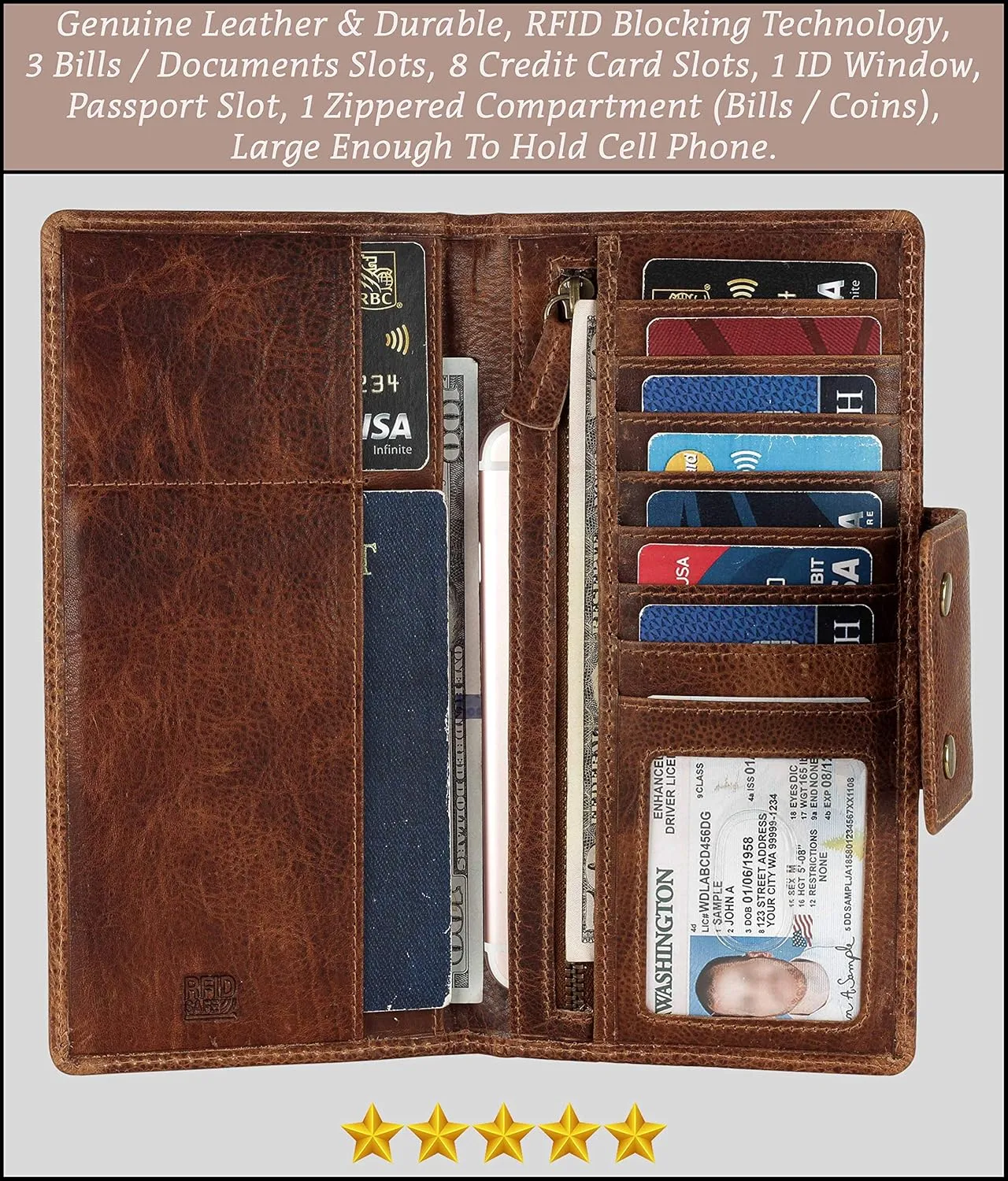 Mou Meraki Genuine Leather RFID Blocking Long Wallet – Vintage Bifold for Men