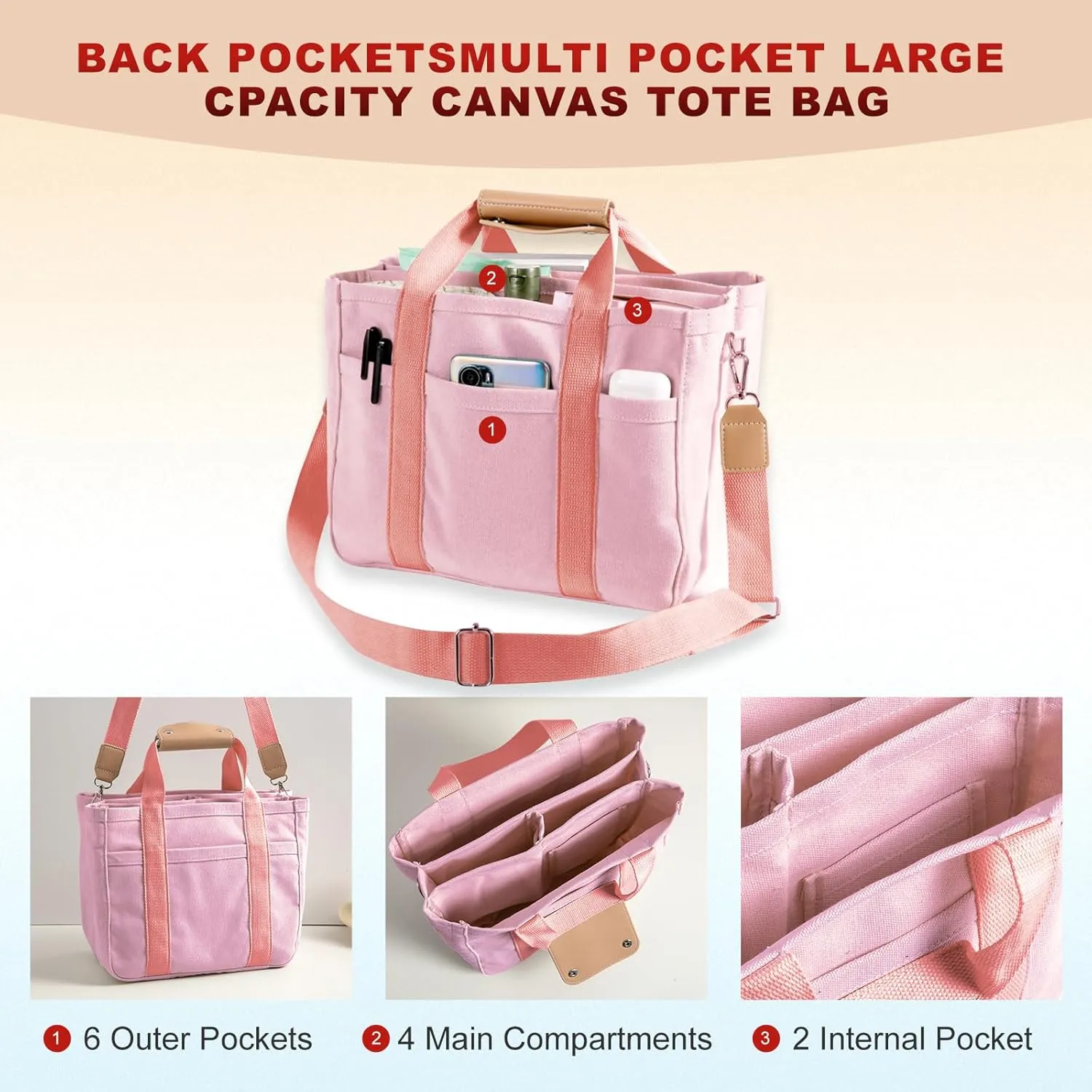 Multi Pocket Tote Bag for Women Canvas Bag with Handle Bag Large Cpacity Purse Reusable Handbag