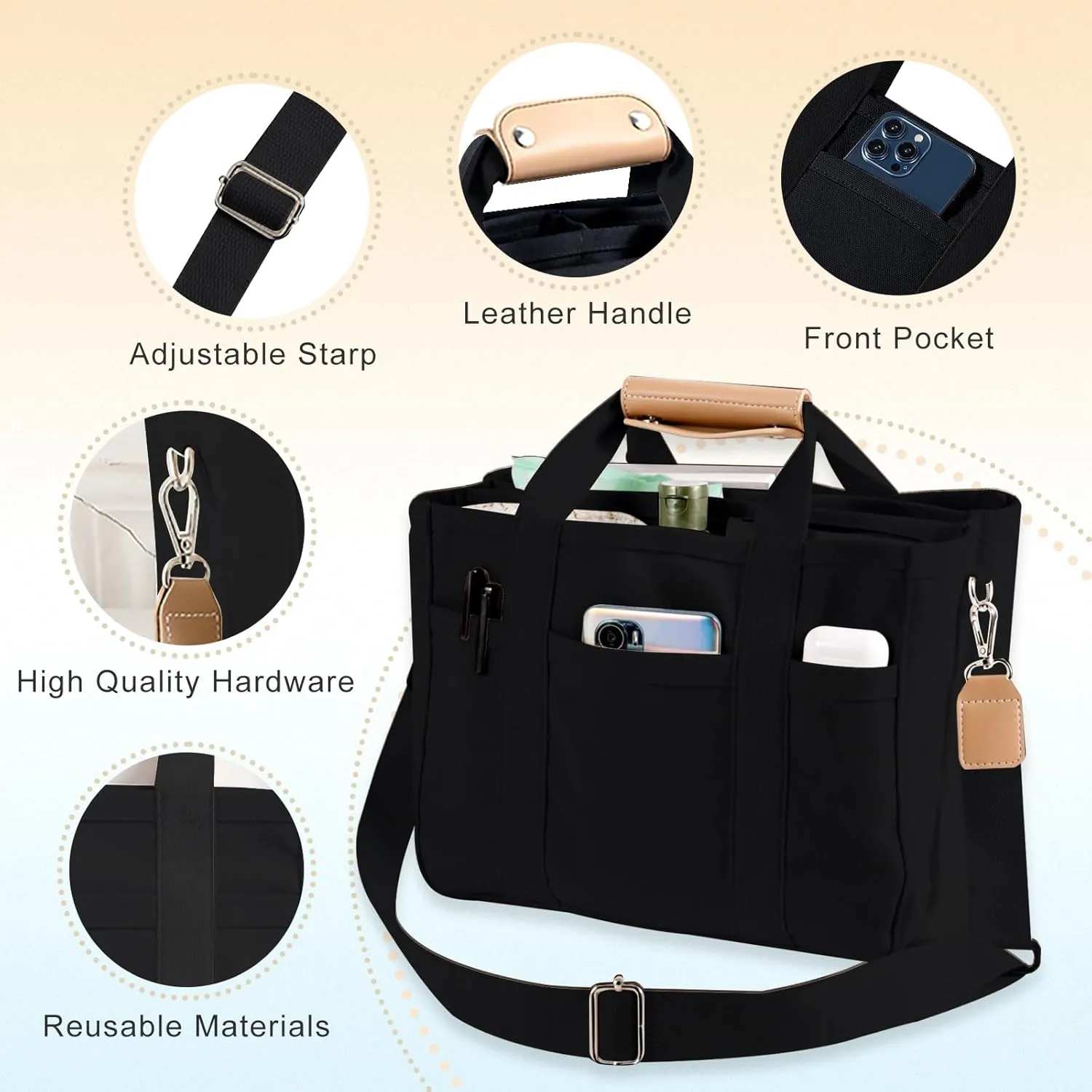 Multi Pocket Tote Bag for Women Canvas Bag with Handle Bag Large Cpacity Purse Reusable Handbag