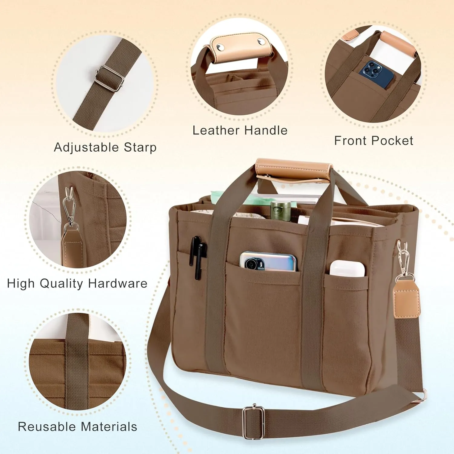 Multi Pocket Tote Bag for Women Canvas Bag with Handle Bag Large Cpacity Purse Reusable Handbag