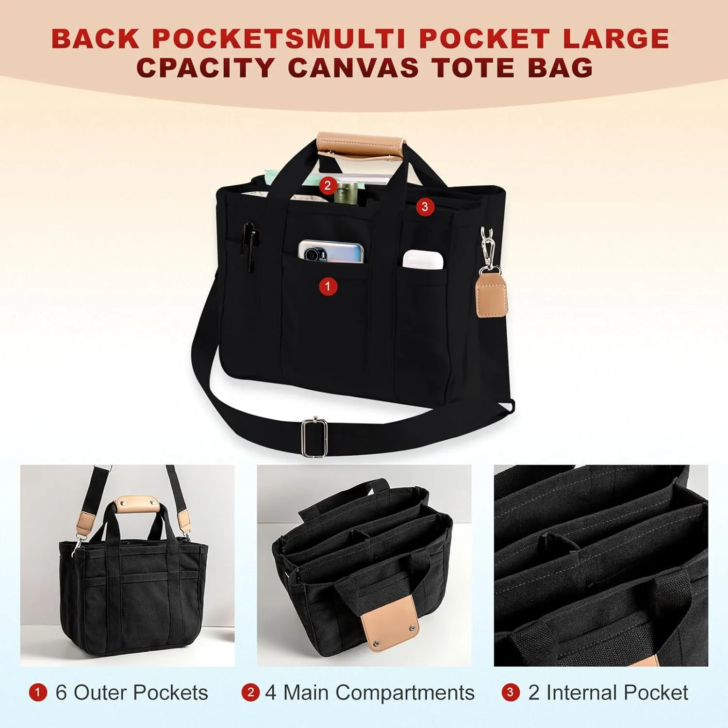 Multi Pocket Tote Bag for Women Canvas Bag with Handle Bag Large Cpacity Purse Reusable Handbag