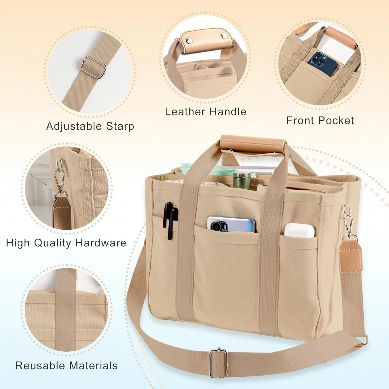 Multi Pocket Tote Bag for Women Canvas Bag with Handle Bag Large Cpacity Purse Reusable Handbag