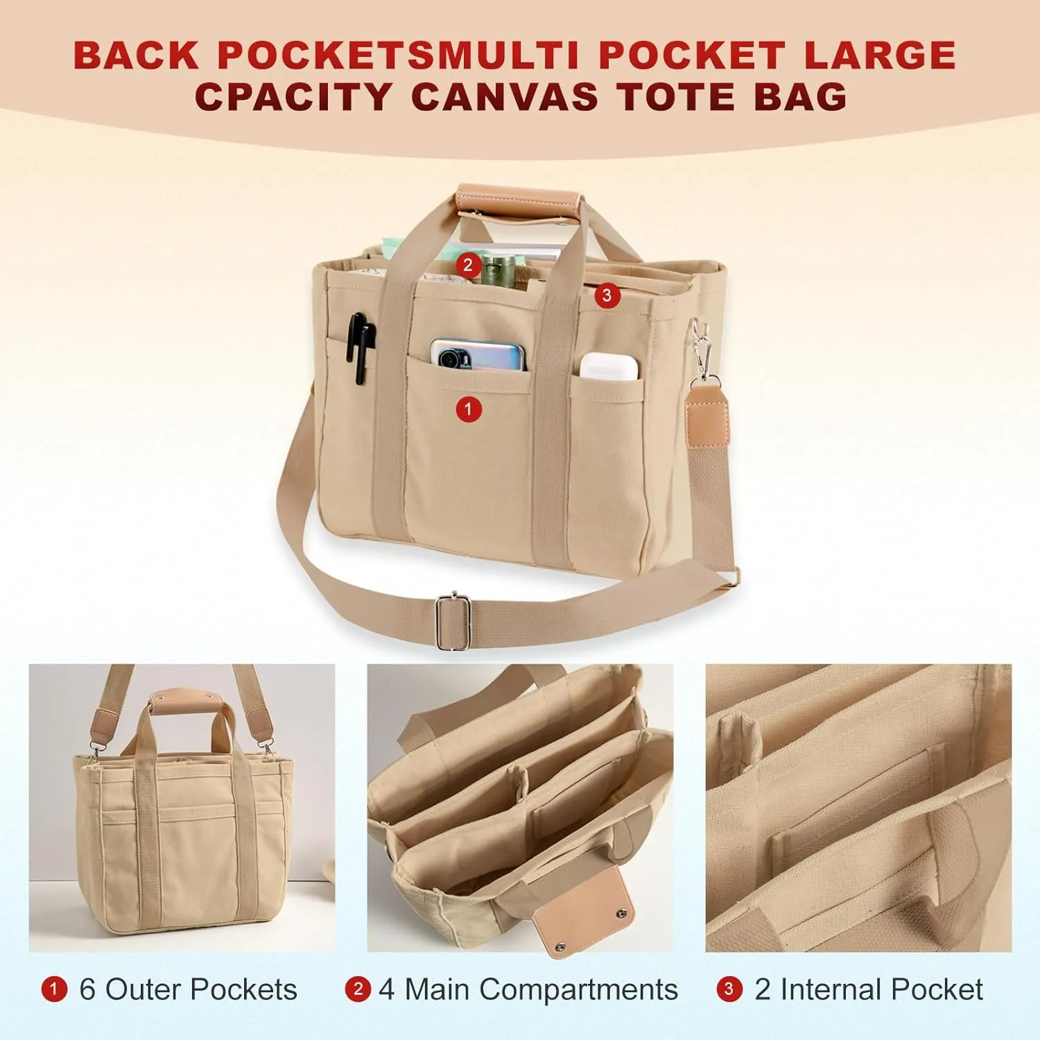 Multi Pocket Tote Bag for Women Canvas Bag with Handle Bag Large Cpacity Purse Reusable Handbag
