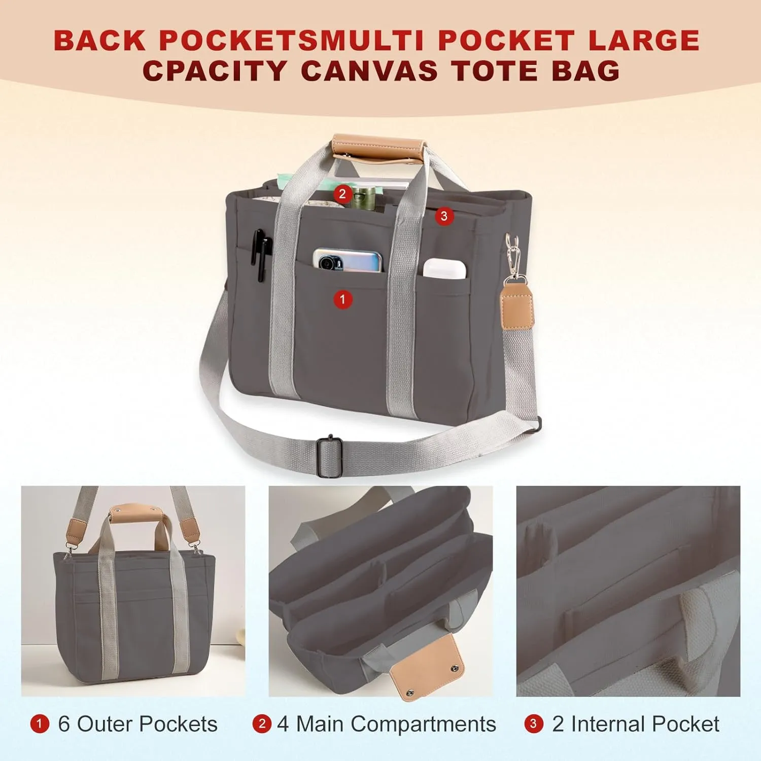 Multi Pocket Tote Bag for Women Canvas Bag with Handle Bag Large Cpacity Purse Reusable Handbag