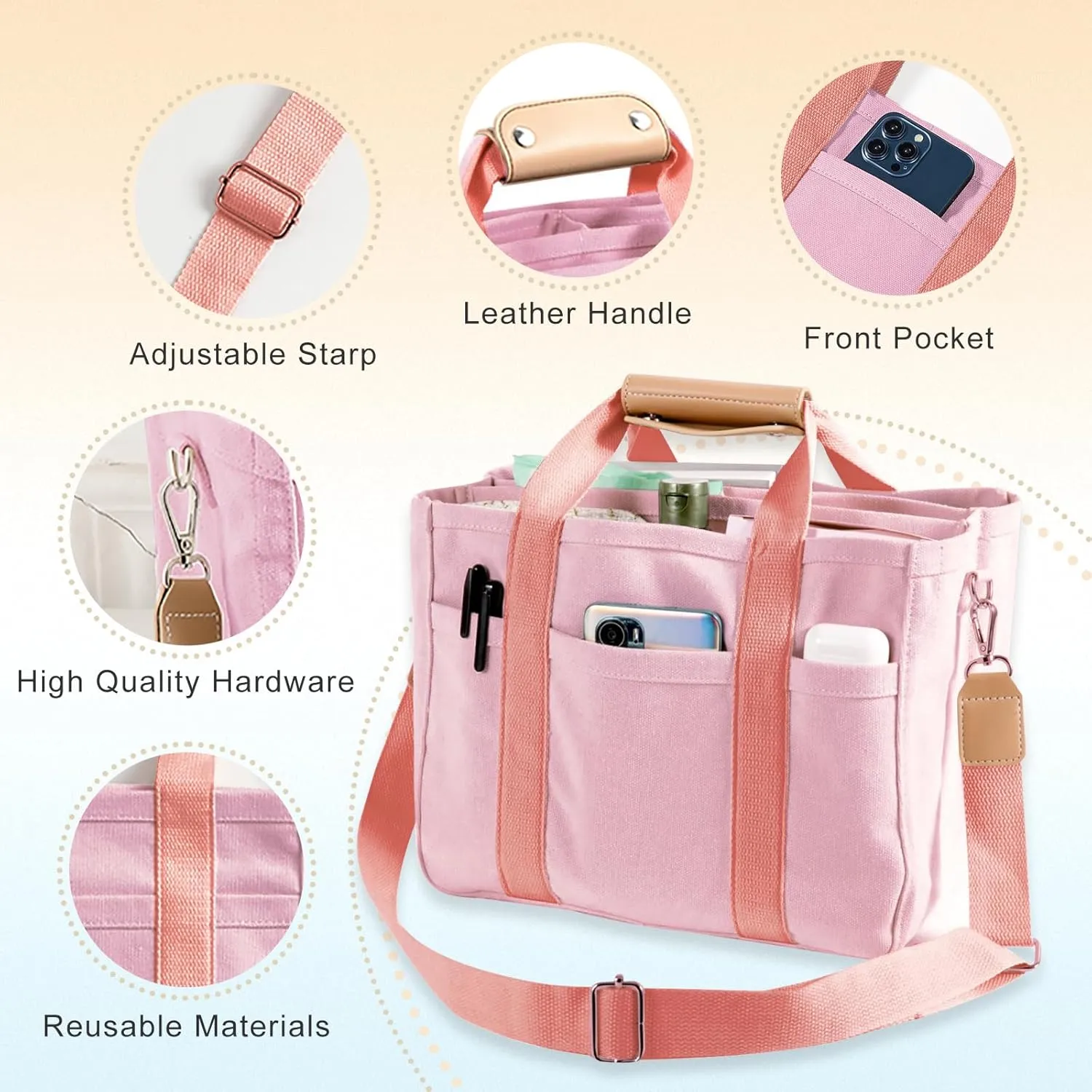 Multi Pocket Tote Bag for Women Canvas Bag with Handle Bag Large Cpacity Purse Reusable Handbag