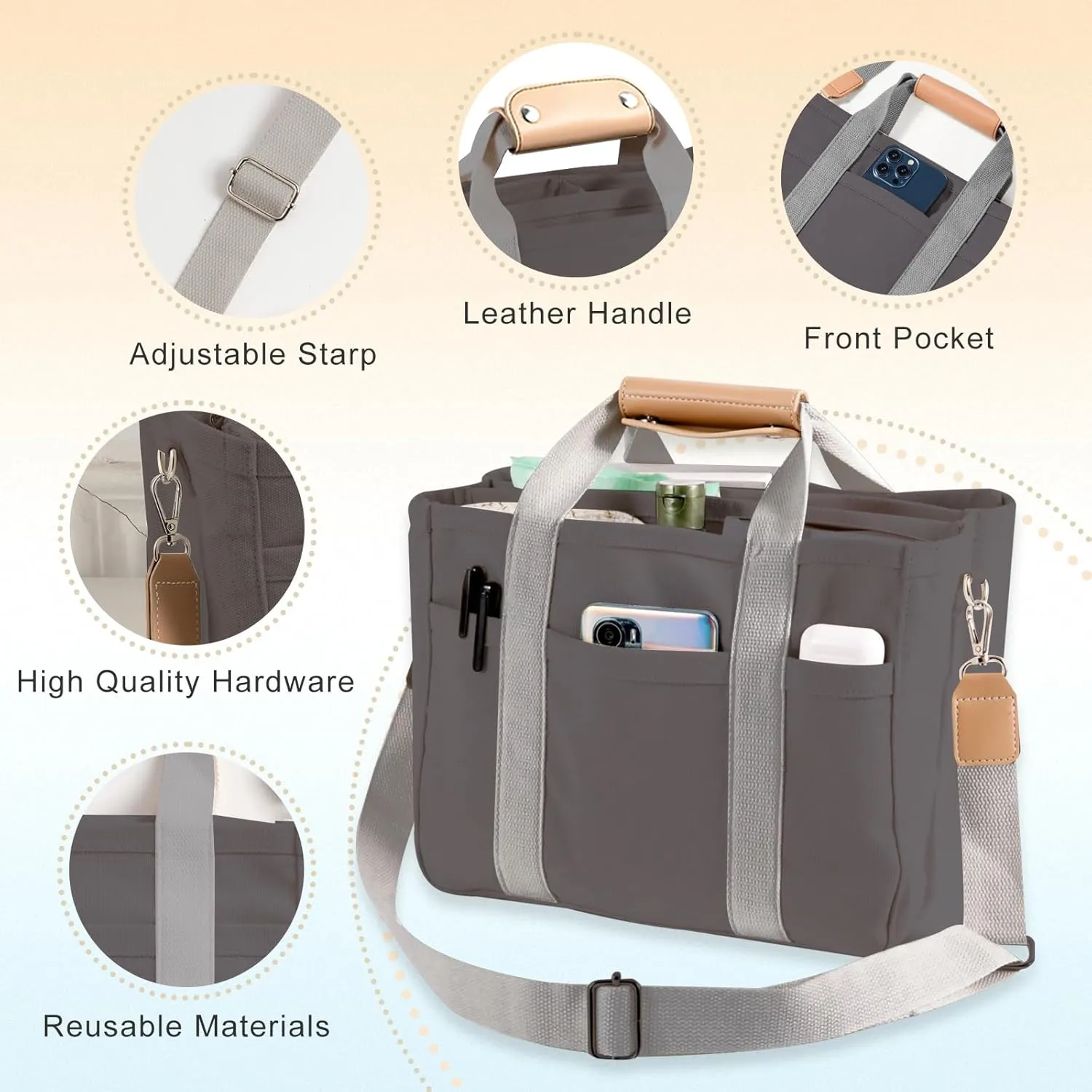 Multi Pocket Tote Bag for Women Canvas Bag with Handle Bag Large Cpacity Purse Reusable Handbag