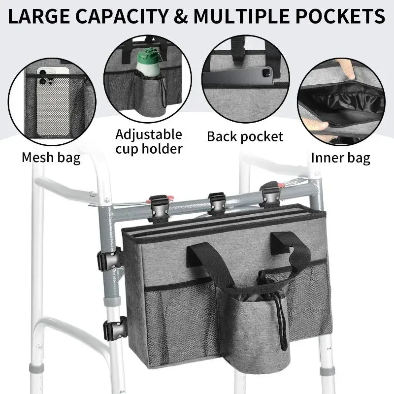 Multi Pocket Wheelchair Armrest Bag With Cup Holder 40 X 25 X 8 Cm