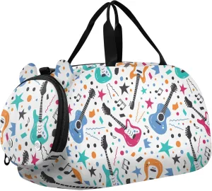 Music Guitars and Stars White Sports Duffle Bag for Girls Boys Kids, Gym Bag with Shoe Compartment, Kids Travel Overnight Weekender Shoulder Bag
