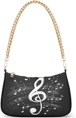 Music Notes Black White Artwork Tote Bag Hobo Handbag for Women Ladies Shoulder Bag Mini Clutch Purse with Zipper Closure