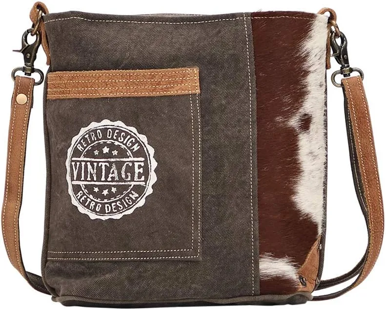Myra Bag Vintage Stamp Upcycled Canvas & Cowhide Shoulder Bag S-1477