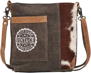Myra Bag Vintage Stamp Upcycled Canvas & Cowhide Shoulder Bag S-1477