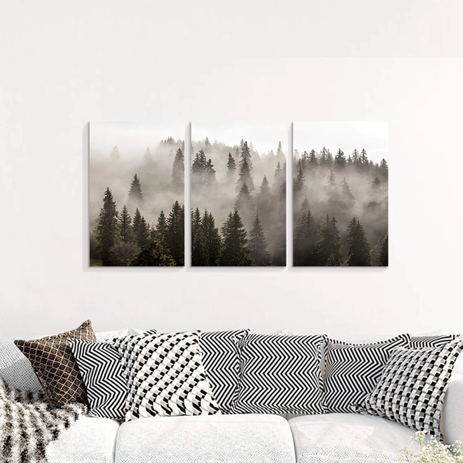 Natural Forest Wall Art Paintings: Photographic Artworks Dark Tree Line with Foggy Misty Forest Pine Print on Wrapped Canvas for Decoration, Landscape Multi-Piece Image 16"x26"x3, Gray Wall Decor