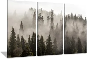 Natural Forest Wall Art Paintings: Photographic Artworks Dark Tree Line with Foggy Misty Forest Pine Print on Wrapped Canvas for Decoration, Landscape Multi-Piece Image 16"x26"x3, Gray Wall Decor