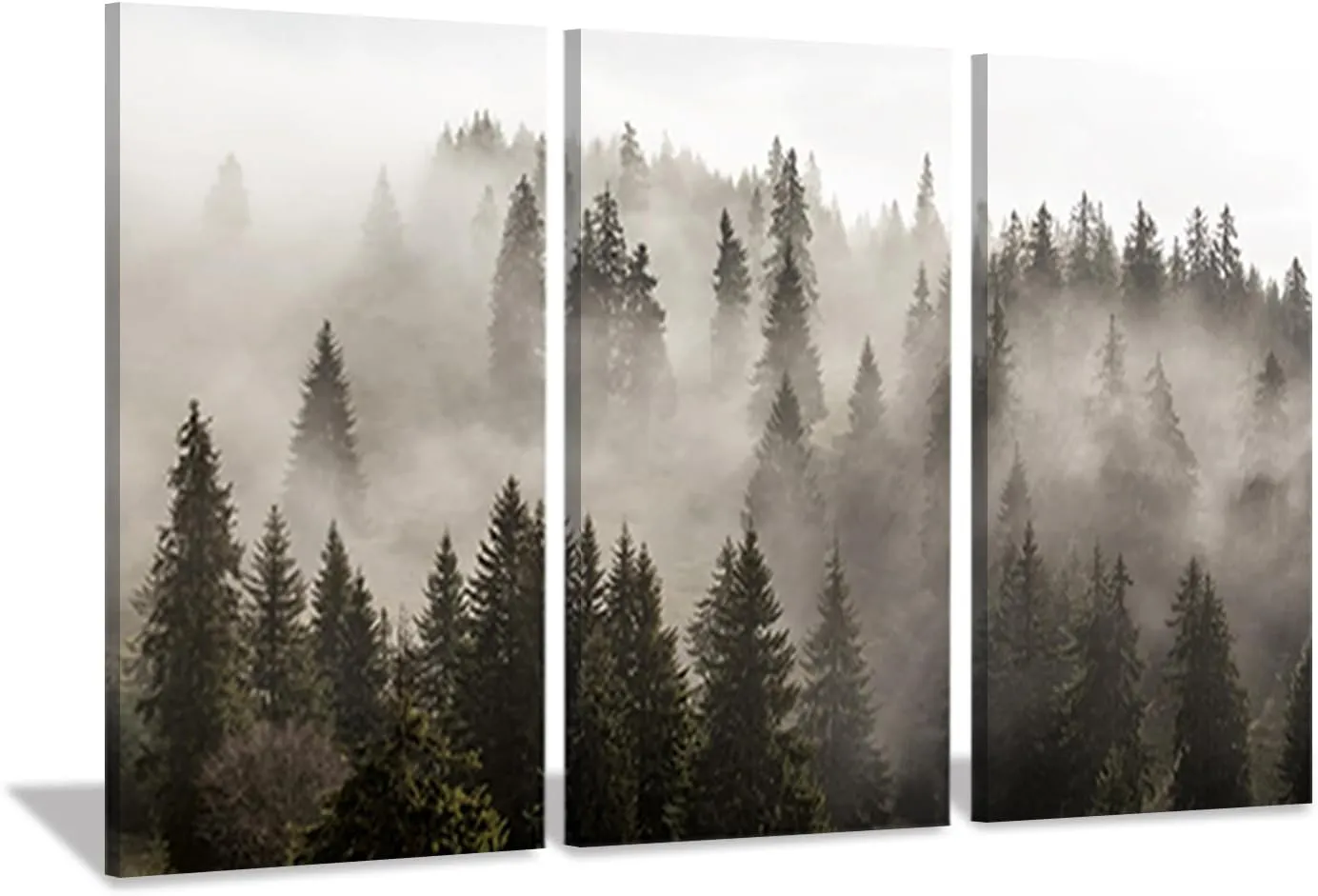 Natural Forest Wall Art Paintings: Photographic Artworks Dark Tree Line with Foggy Misty Forest Pine Print on Wrapped Canvas for Decoration, Landscape Multi-Piece Image 16"x26"x3, Gray Wall Decor