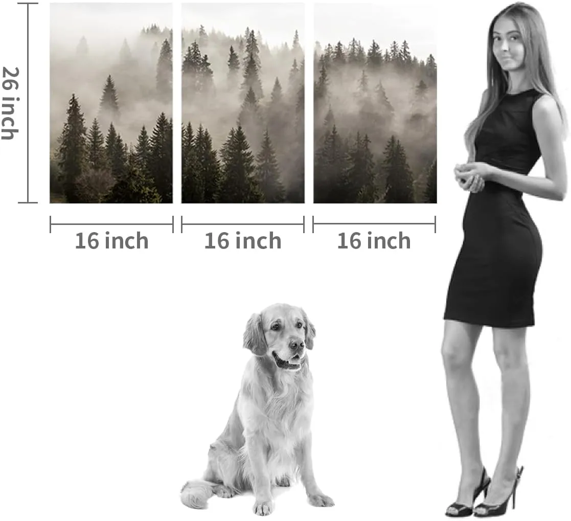 Natural Forest Wall Art Paintings: Photographic Artworks Dark Tree Line with Foggy Misty Forest Pine Print on Wrapped Canvas for Decoration, Landscape Multi-Piece Image 16"x26"x3, Gray Wall Decor