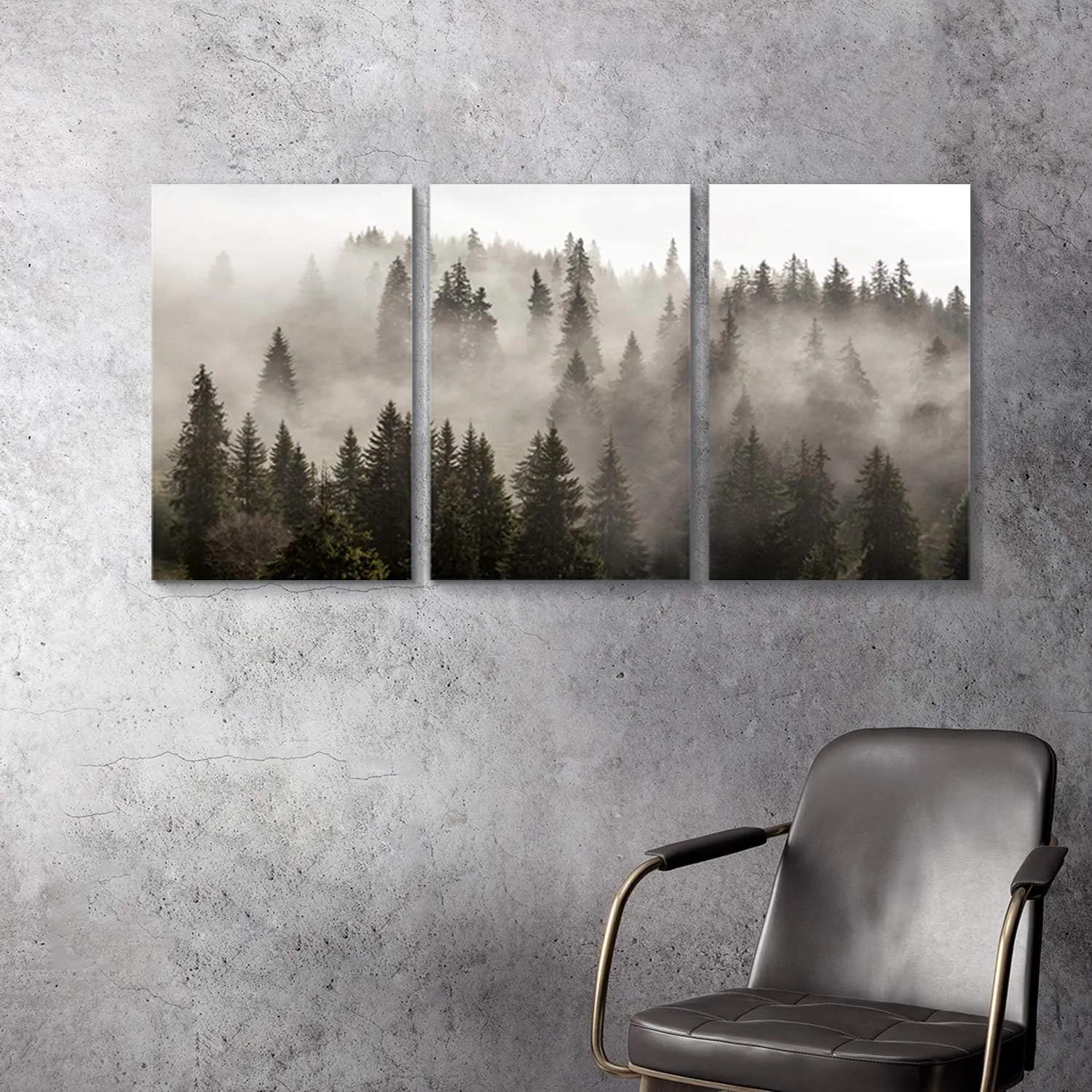 Natural Forest Wall Art Paintings: Photographic Artworks Dark Tree Line with Foggy Misty Forest Pine Print on Wrapped Canvas for Decoration, Landscape Multi-Piece Image 16"x26"x3, Gray Wall Decor